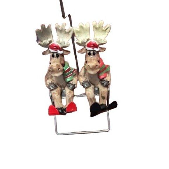 Kurt Adler Moose Couple On ski lift Swing Christmas Ornament santa hat & scarf - Picture 1 of 6